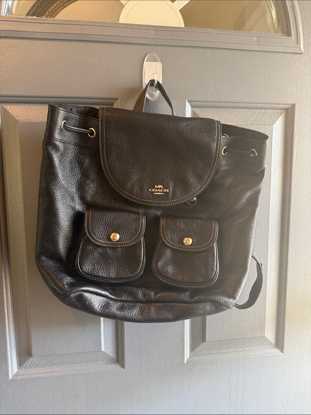 Coach Black Pebbled Leather Drawstring Flap Backpack with Front Pockets